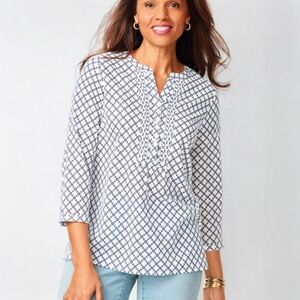 Talbots 100% Cotton White Navy Diamond Print 3/4 Sleeve Pin Tuck Blouse Size M